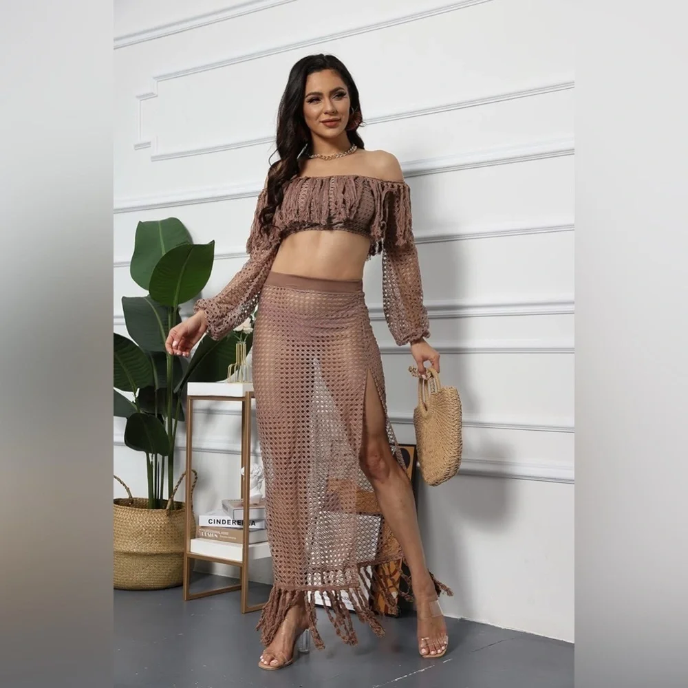 Brown Crochet 2-Piece Swimsuit Cover-Up Set – Size Large